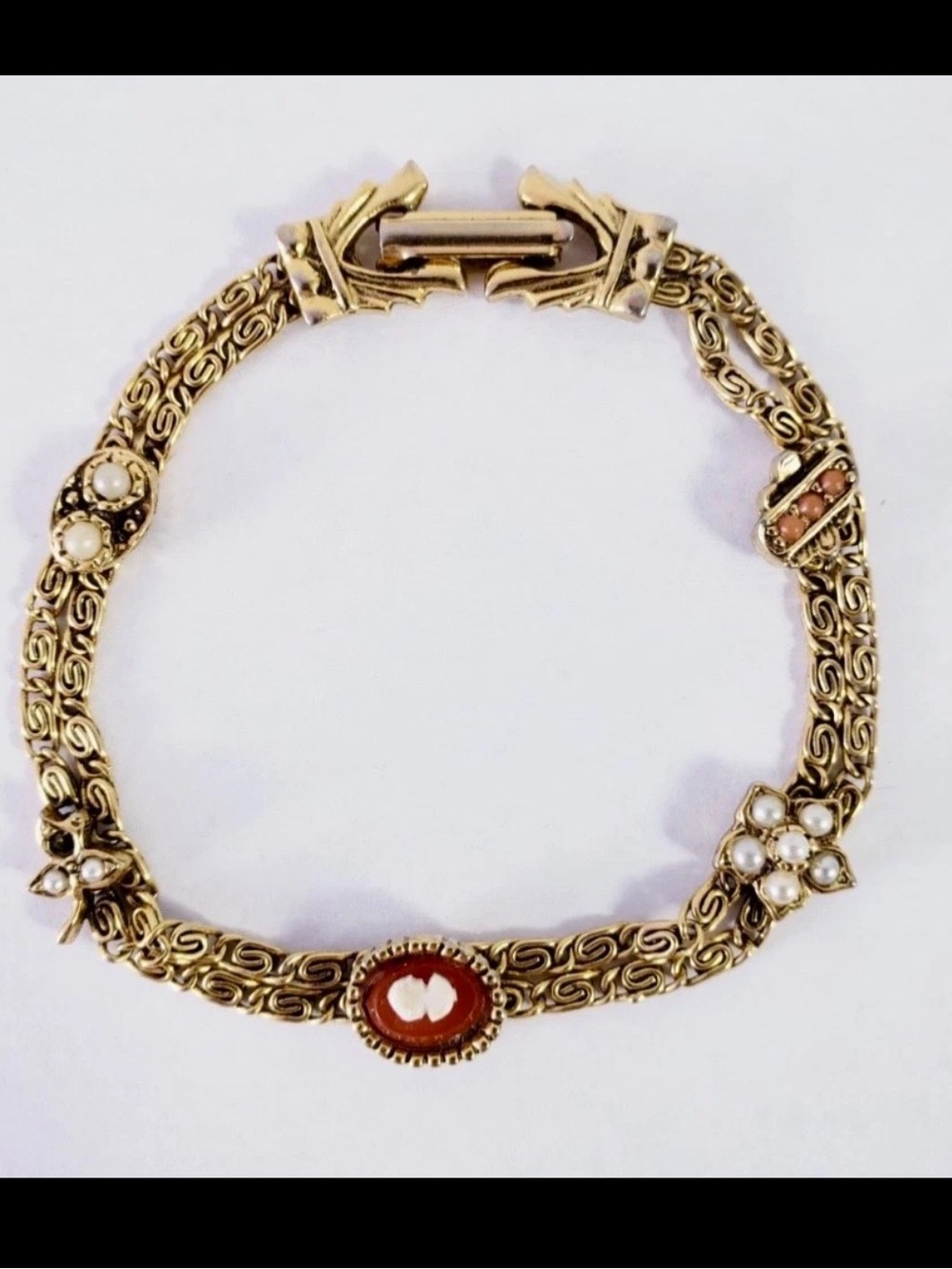 Vintage Signed Goldette Cameo Station Bracelet Victorian Revival 1960s